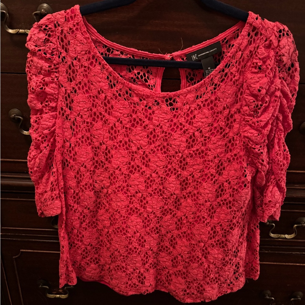 INC Top Womens Medium Pink Floral Mesh Lace Sheer Casual Ruched Sleeve Shirt